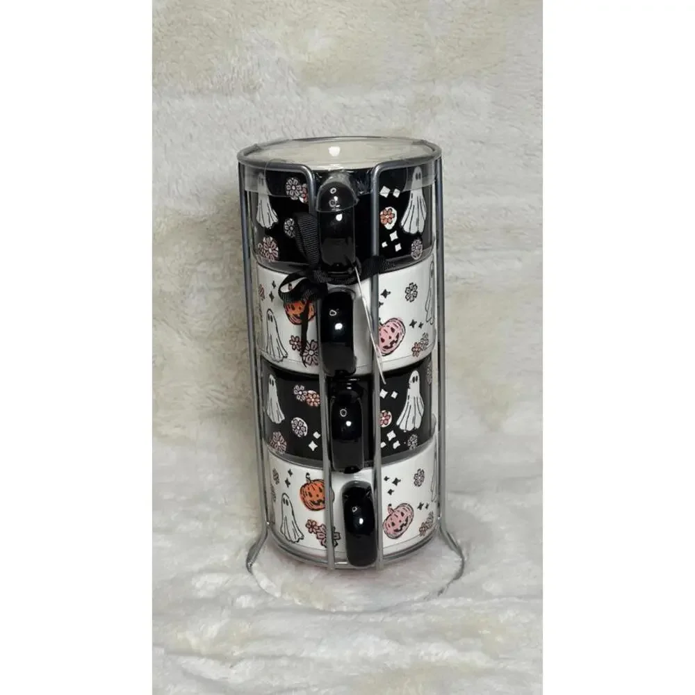 Goblin & Ghoul Ghost & Pumpkin Stacking Mug Set – Coffee Cups with Metal Stand